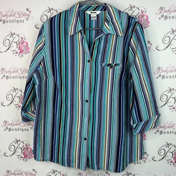 Alia button down collared stripes Blue and Green Striped Button-Down Shirt - Picture 1 of 7